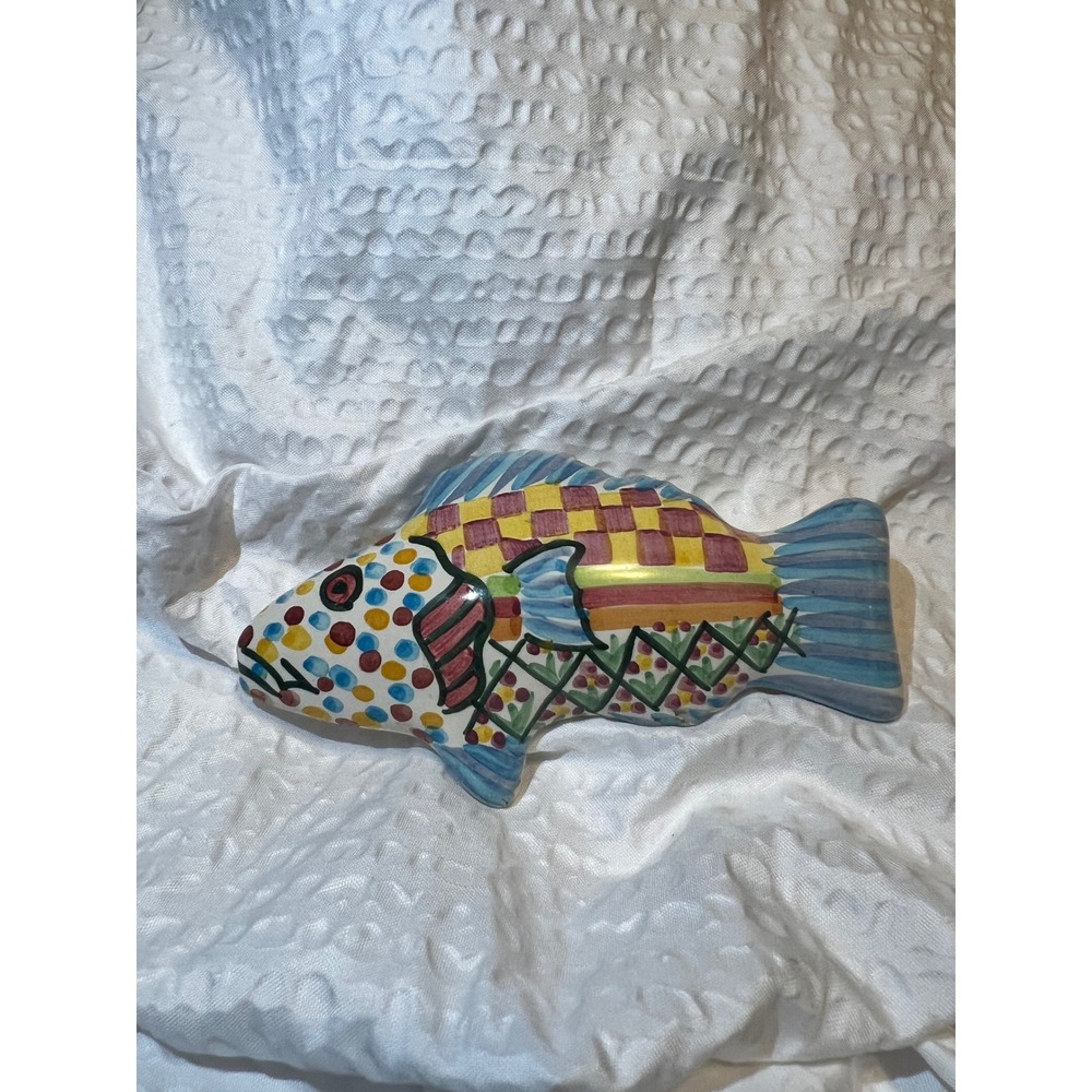 MacKenzie-Childs Ceramic Fish Knob 5in Colorful Checker Blue Pull Handle
